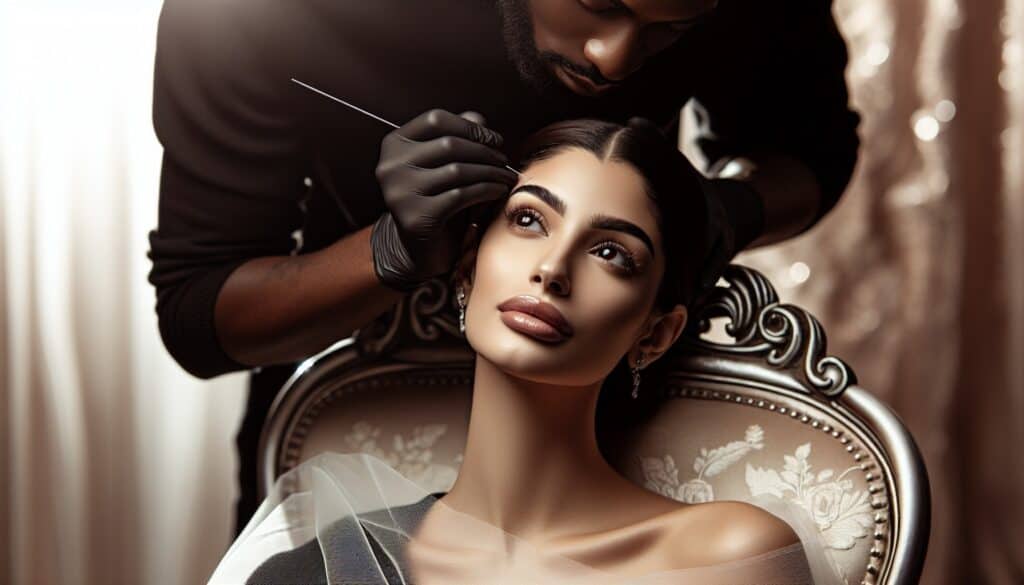 A woman getting her eyebrows threaded before a special event