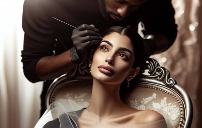 A woman getting her eyebrows threaded before a special event