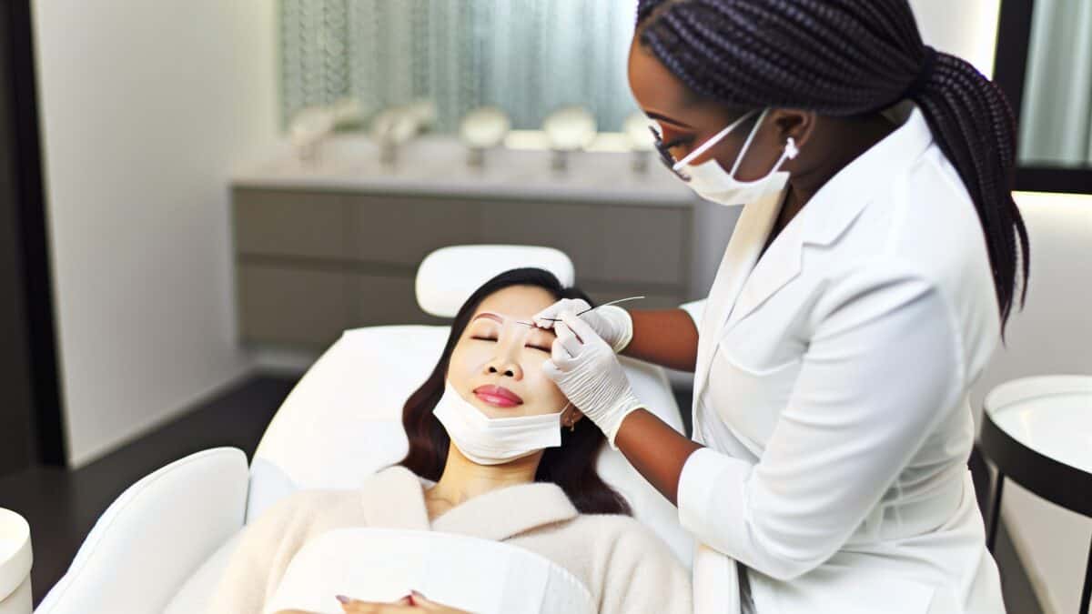 A woman getting eyebrow threading treatment