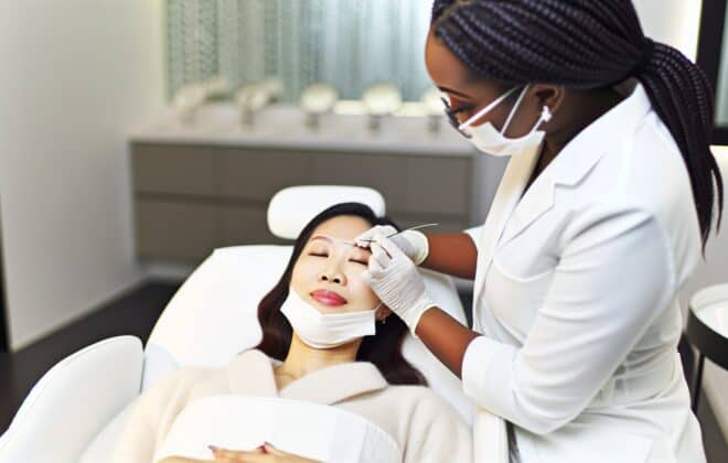 A woman getting eyebrow threading treatment